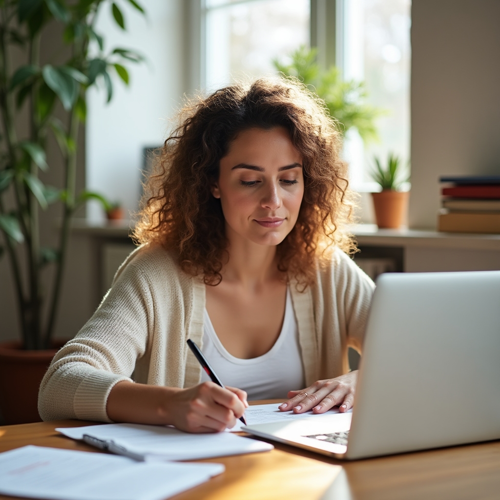 Osoba píše text FAQ sekce na notebooku u pracovního stolu